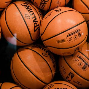 A pile of NBA basketballs