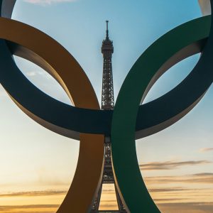 The Olympics logo with the Paris Eiffel Tower. USA Basketball has announced the 12 players that will make up the 2024 Olympics USA Men's Basketball Team.
