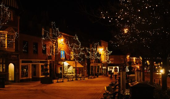 Image of a Christmas town at night.